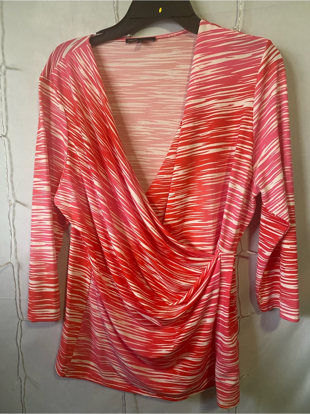 Chaus Pink and Red Striped Wrap-Style Top